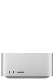 Mac Studioの前面、2つのUSB-Cポート、SDXCカードスロット、ステータスインジケータランプ、逆台形の形状をしたベース部、平らな上部、丸みを帯びた側面、直線的なエッジ、カラーはシルバー