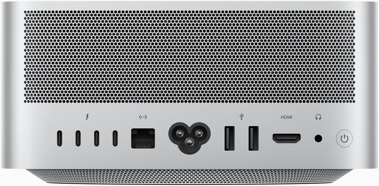 Mac Studio rear connections including four Thunderbolt ports, Ethernet, USB-A, HDMI and headphone jack