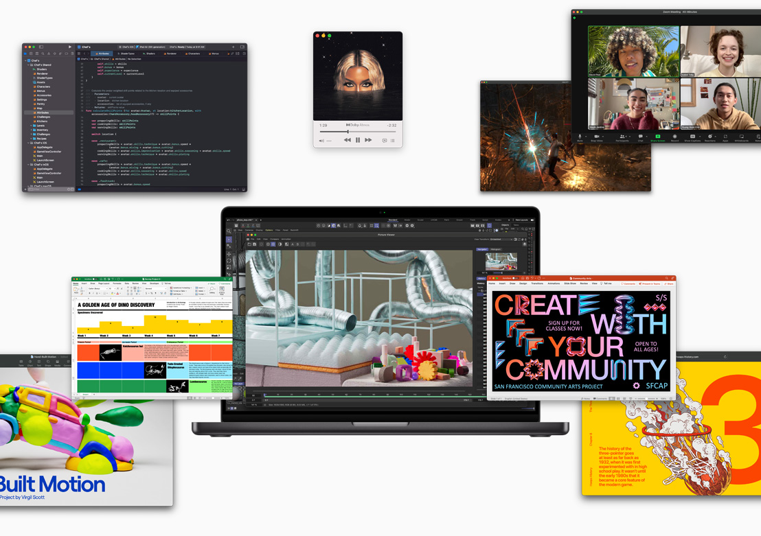 Screens show the various software that can run on Apple Silicon: Xcode, Apple Music, Zoom, Excel, PowerPoint, Keynote, Adobe After Effects, Safari and a gaming software.