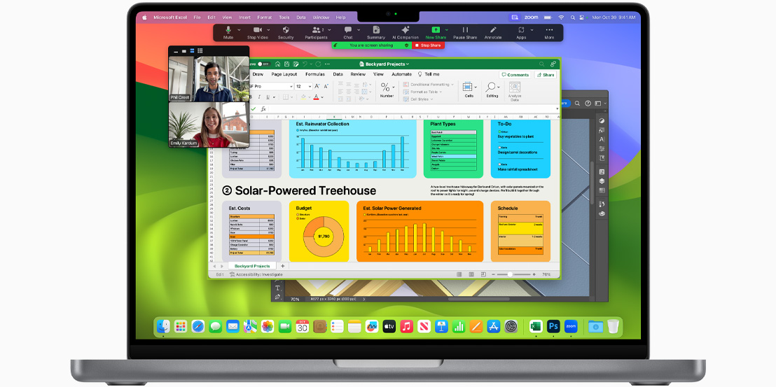 MacBook Pro屏幕显示Facetime、Microsoft Excel和Adobe Photoshop。