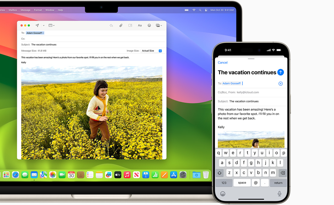 13英寸MacBook Air和iPhone 15上都打开了同一封电子邮件。
