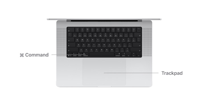 Top view of MacBook Pro 14-inch with lines indicating where the Command key button and trackpad are.