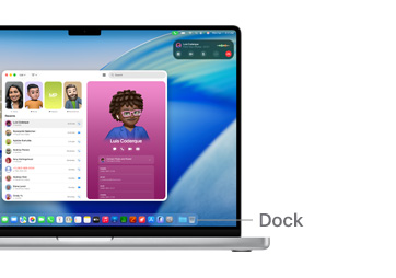 A tour of macOS navigation on MacBook Pro 14-inch with lines indicating the location of the Dock.