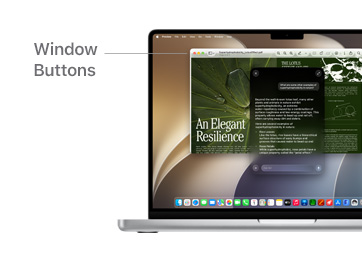 A tour of macOS navigation on MacBook Pro 14" with lines indicating the location of the Menu Bar and Window Buttons.