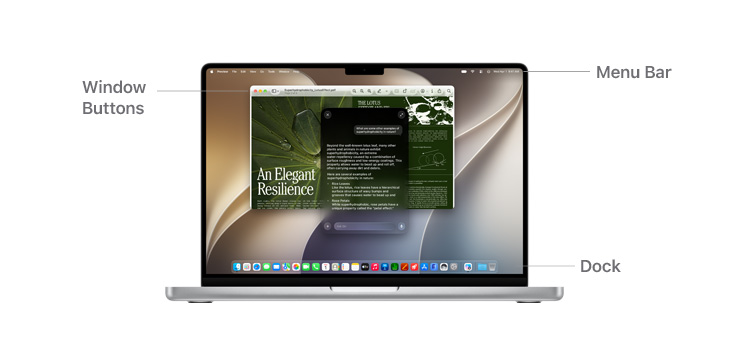 A tour of macOS navigation on MacBook Pro 14" with lines indicating the location of the Menu Bar, Window Buttons, and Dock.