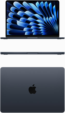 Imagem da parte da frente e de cima do MacBook Air na cor meia-noite.