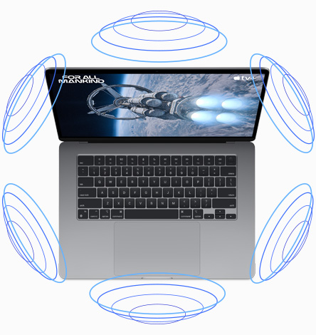 Pohled shora na MacBook Air s ilustrací, která ukazuje fungování prostorového zvuku při sledování filmu.