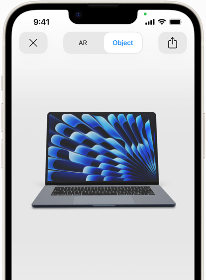 Visualización del MacBook Air en color medianoche en realidad aumentada en un iPhone.