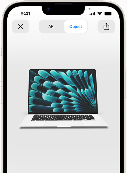 Vorschau eines MacBook Air in Silber, die als AR Erlebnis auf einem iPhone angezeigt wird
