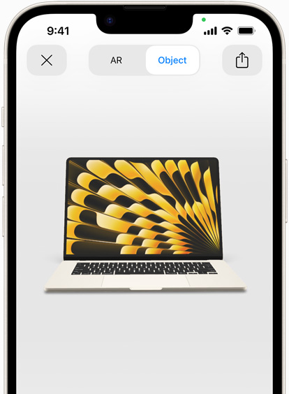 Podgląd MacBooka Air w kolorze księżycowej poświaty wyświetlony w AR na iPhonie