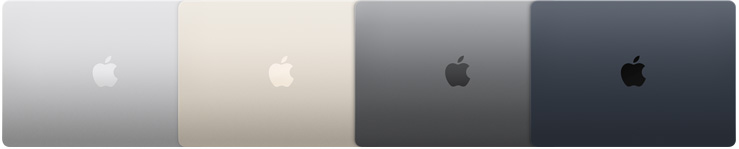 Exteriors of four MacBook Air models, showcasing four different finishes