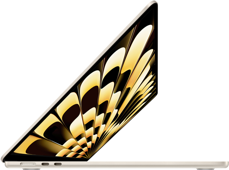 Vue latérale du MacBook Air 15 pouces avec puce M2 en finition lumière stellaire