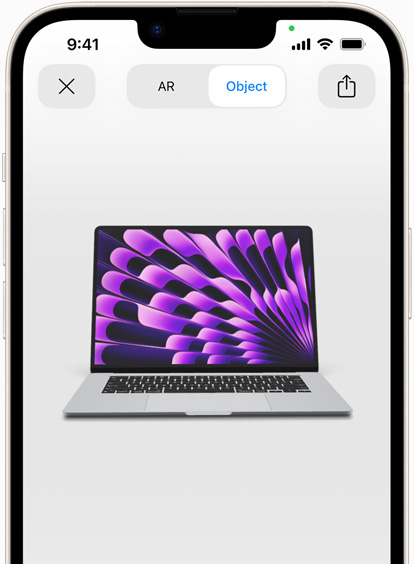 Pratinjau MacBook Air dalam warna Abu-abu yang ditampilkan dengan AR di iPhone