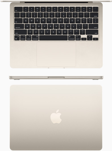 Vista superior de un modelo de MacBook Air con chip M2 en blanco estrella