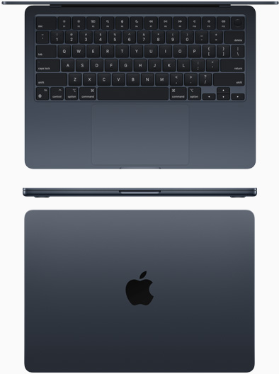 Vista de cima do modelo do MacBook Air com processador M2 meia-noite
