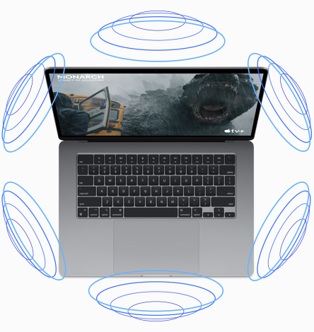 Поглед отгоре към MacBook Air с илюстрация, на която се вижда как Spatial Audio работи по време на филм