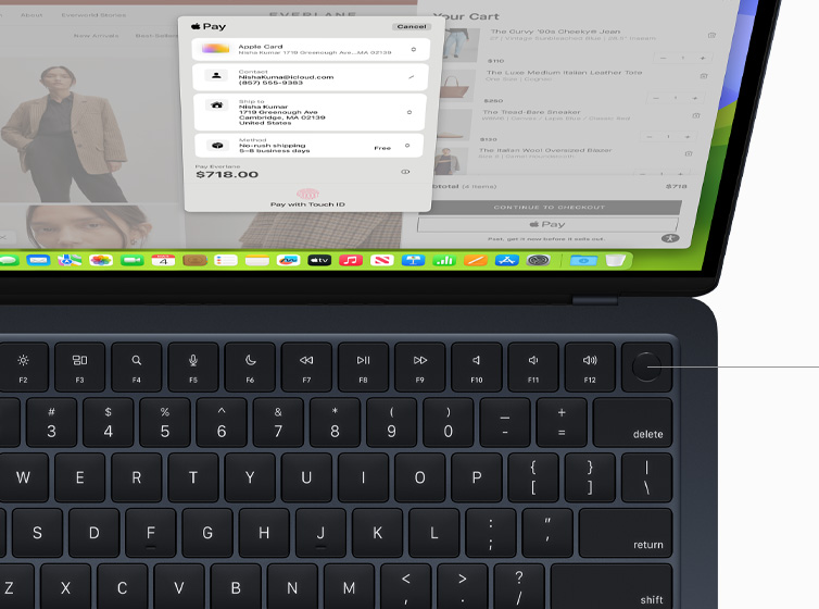 Top view of MacBook Air showcasing Touch ID and Magic Keyboard working with Apple Pay.