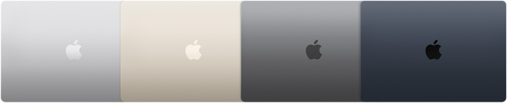 Parte externa de quatro modelos de MacBook Air, mostrando quatro cores diferentes