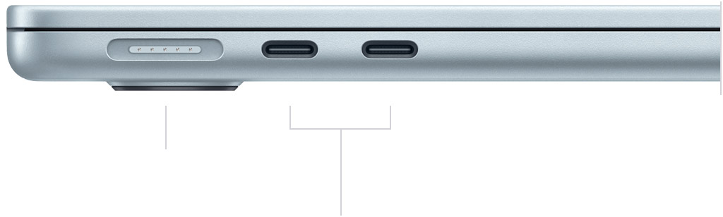 MacBook Air 13-inch showing its MagSafe 3 charging port and two Thunderbolt 4 USB-C ports