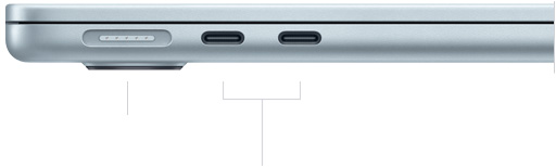 MacBook Air、閉じた状態、左側面、MagSafeポートと2つのThunderboltポートが見えている