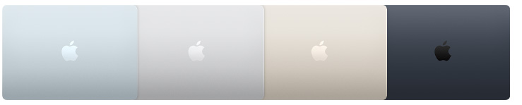 MacBook Airの4つのモデルの外観。4色の異なる仕上げを紹介している