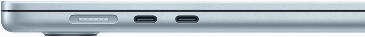 MacBook Air 的左側設有 MagSafe 充電埠和兩個 Thunderbolt 4 連接埠