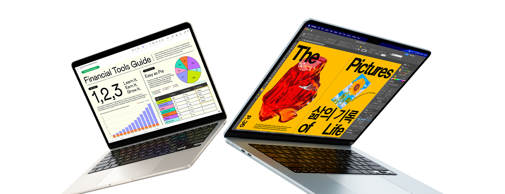 13 吋與 15 吋 MacBook Air 筆電，其中一個螢幕顯示 Numbers 中的工作，另一個螢幕則顯示設計工作