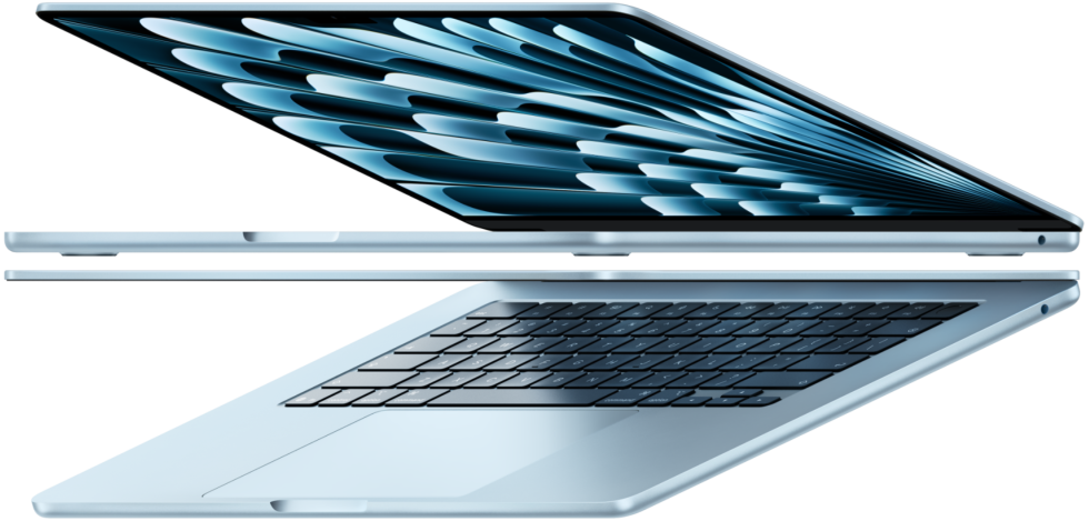 兩部掀開的天藍色 MacBook Air 筆電組成箭頭形狀，強調纖薄外觀