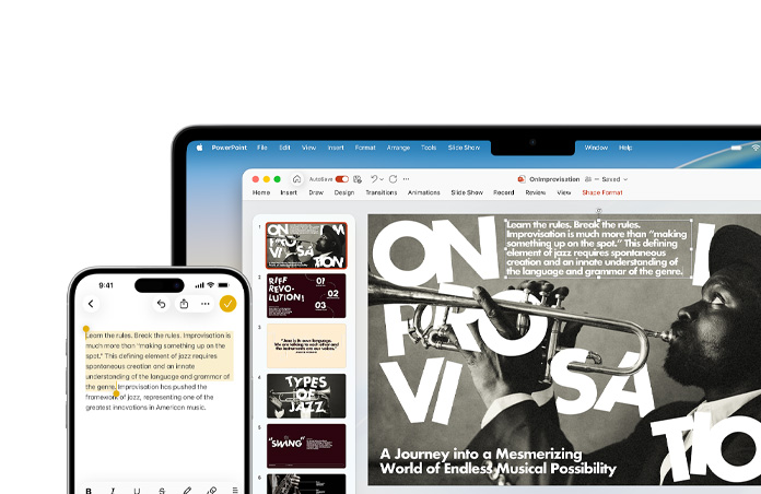 動畫展示 iPhone 16 Plus 上的備忘錄 app，標示出一段反白的文字，Macbook Air 有一份打開的 PowerPoint 幻燈片，幻燈片上可看到備忘錄 app 裡標示出的那段文字