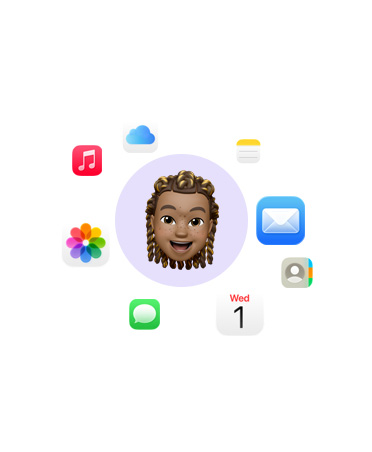 笑臉表情符號的周圍環繞著各種 app 圖像，包括音樂、iCloud 雲碟、備忘錄、郵件、聯絡人、行事曆、訊息和照片