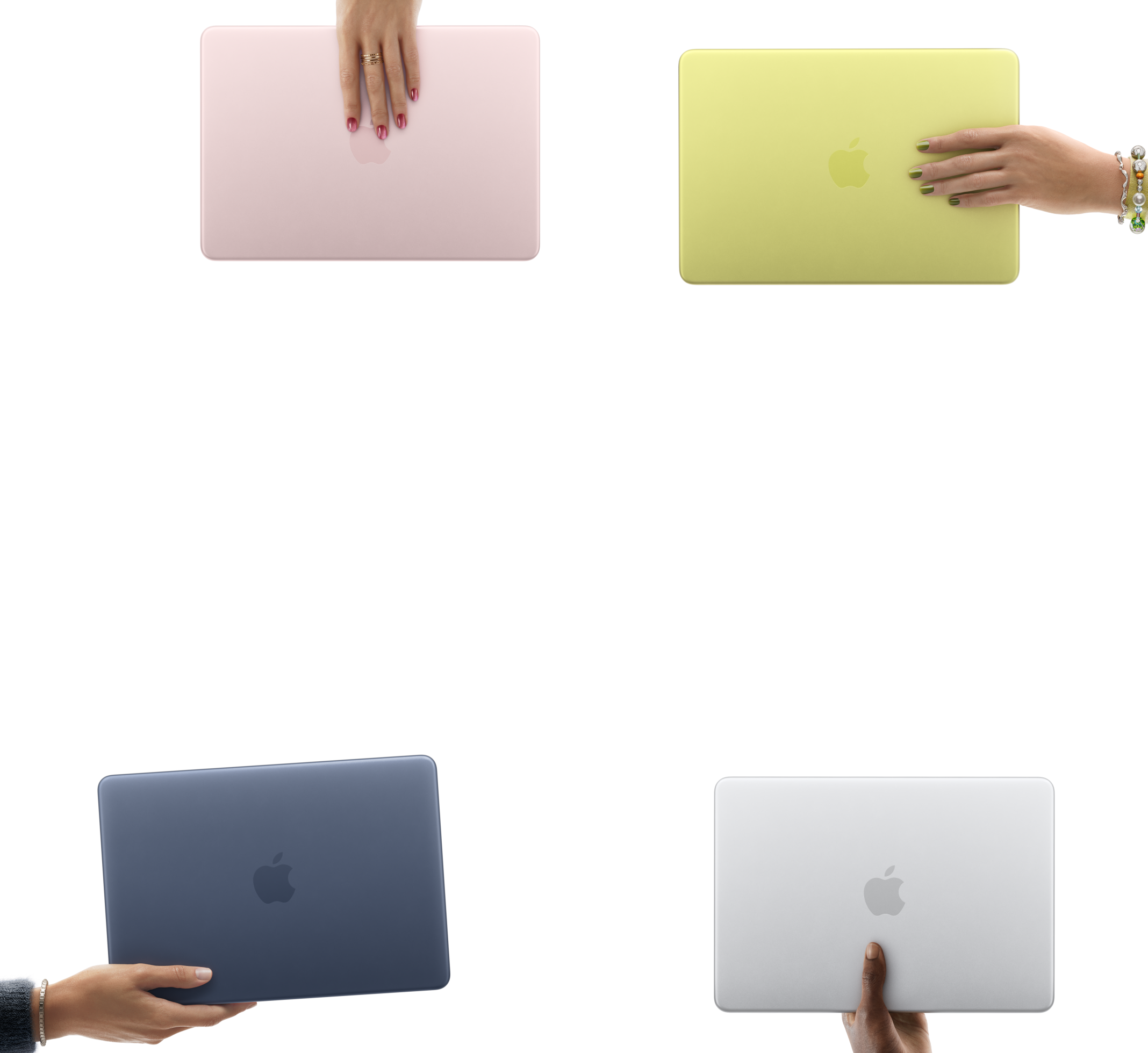 MacBook Neo laptops in various colors, each held in a different person's hand