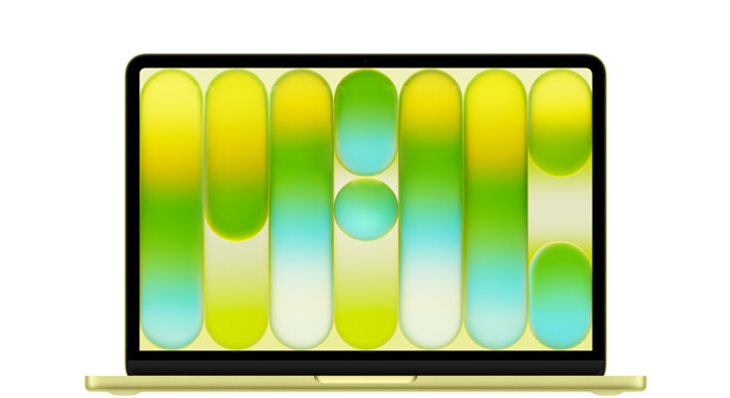 An open MacBook Neo in yellow, showing its 13-inch Liquid Retina display and full-size keyboard