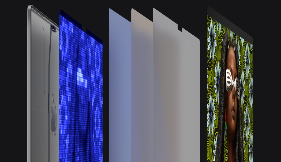Galeria przedstawiająca innowacyjne rozwiązania w wyświetlaczu Liquid Retina XDR, pokazane warstwa po warstwie