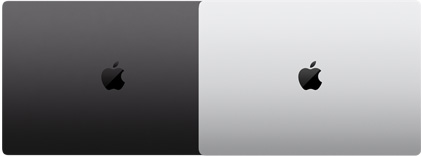 Vnější pohled na dva modely 14palcového MacBooku Pro s čipem M3 Pro nebo M3 Max ukazuje dvě dostupné barvy