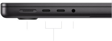 14palcový MacBook Pro s čipem M3 Pro nebo M3 Max, zavřený, levá strana s portem MagSafe 3, dvěma porty Thunderbolt 4 a sluchátkovým konektorem