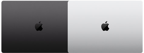 Vnější pohled na dva modely 16palcového MacBooku Pro ukazuje dvě dostupné barvy