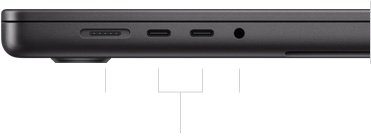 Il lato sinistro di un MacBook Pro 16 pollici con lo schermo chiuso, si notano la porta MagSafe 3, due porte Thunderbolt 4 e il jack per cuffie