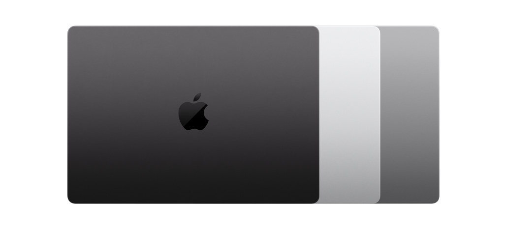 Ilustracja prezentująca trzy dostępne kolory MacBooka Pro: gwiezdną czerń, srebrny i gwiezdną szarość