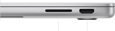 SDXC 카드 슬롯과 HDMI 포트가 보이도록, M3 칩 탑재 MacBook Pro 14를 닫혀 있는 상태로 오른쪽 옆에서 바라본 모습