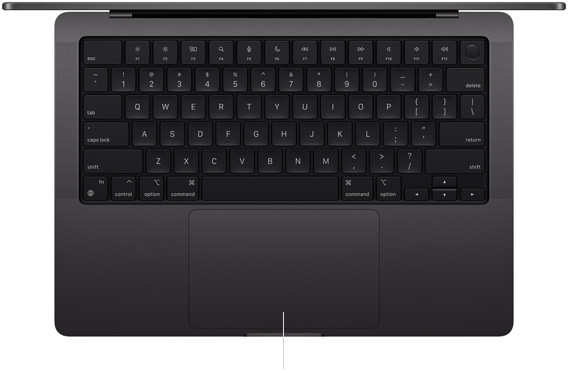 Draufsicht auf ein geöffnetes 14" MacBook Pro mit dem Force Touch Track pad unterhalb der Tastatur