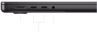 14" MacBook Pro mit M4, zugeklappt, linke Seite mit MagSafe 3 Anschluss, zwei Thunderbolt 4 Anschlüssen und Kopfhöreranschluss