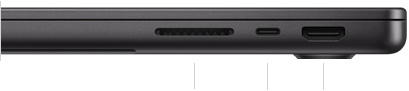 14" MacBook Pro mit M4, zugeklappt, rechte Seite mit SDXC Kartensteckplatz, einem Thunderbolt 4 Anschluss und HDMI Anschluss
