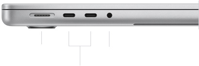 14" MacBook Pro mit M4 Pro oder M4 Max, zugeklappt, linke Seite mit MagSafe 3 Anschluss, zwei Thunderbolt 5 Anschlüssen und Kopfhöreranschluss