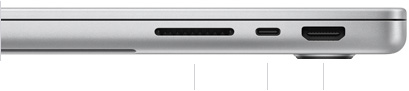 14" MacBook Pro mit M4 Pro oder M4 Max, zugeklappt, rechte Seite mit SDXC Kartensteckplatz, einem Thunderbolt 5 Anschluss und HDMI Anschluss