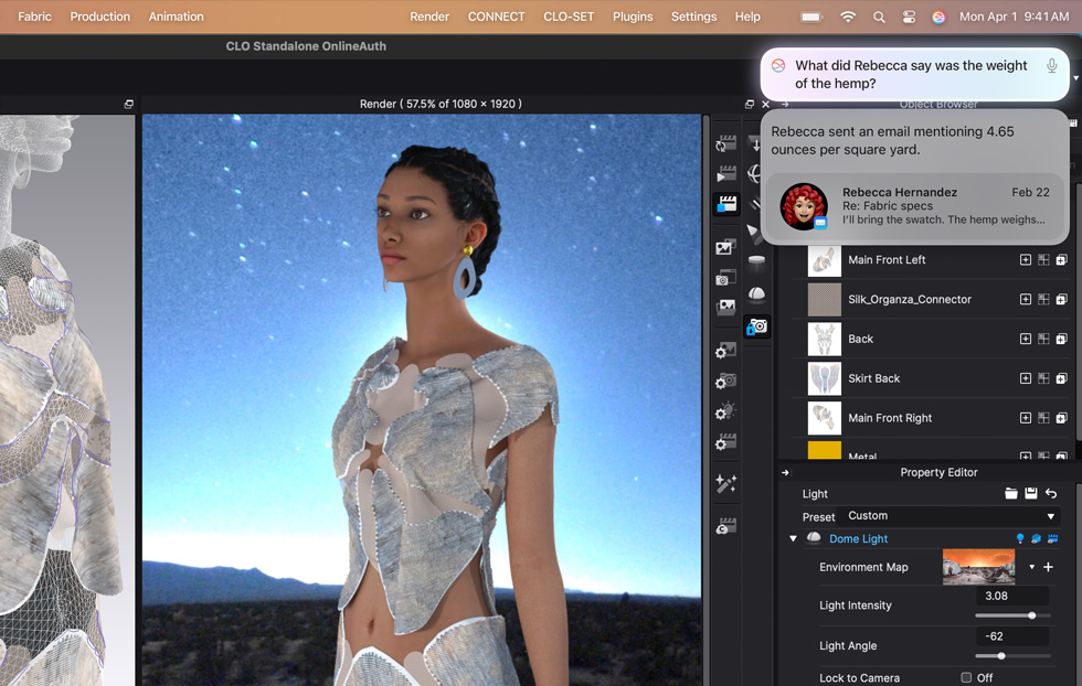 Una schermata con il progetto per un vestito nell’app di fashion design CLO 3D; Siri mostra la risposta di ChatGPT a una domanda dell’utente sulle varietà di canapa sostenibili