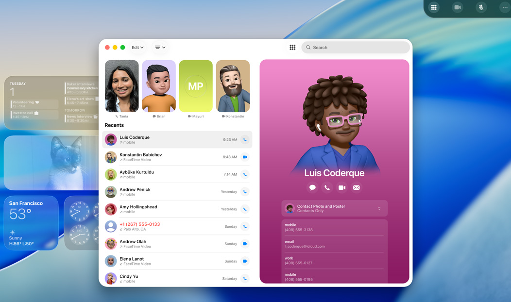 MacBook Pro，已打開電話 app，展示最近來電的聯絡人