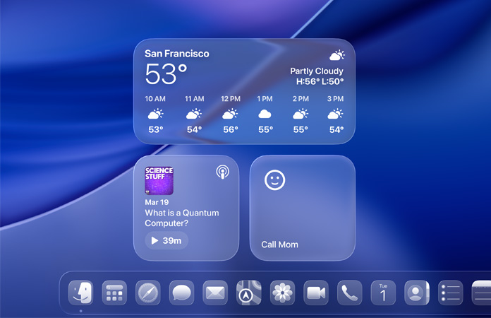 macOS Tahoe 畫面展示 Liquid Glass 設計的天氣、Podcast 和提醒事項小工具