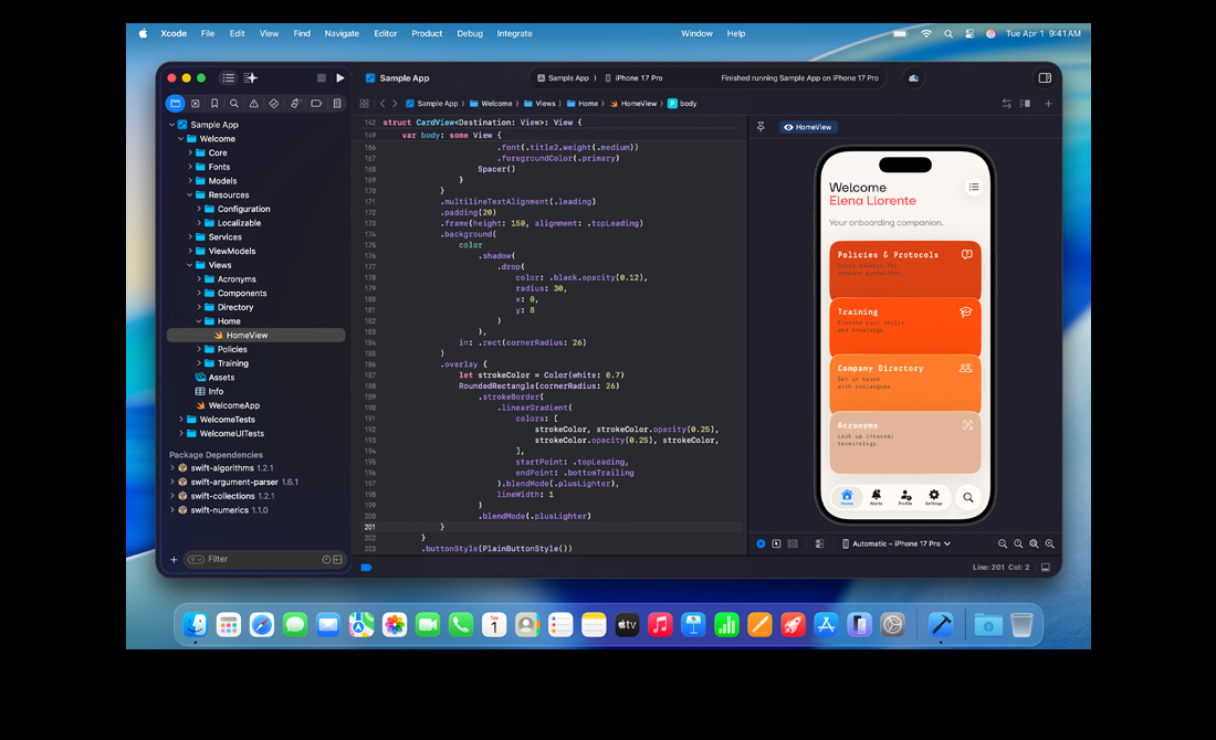 MacBook Pro 螢幕展示有人在 Xcode 編寫多語言程式設計馬拉松 app