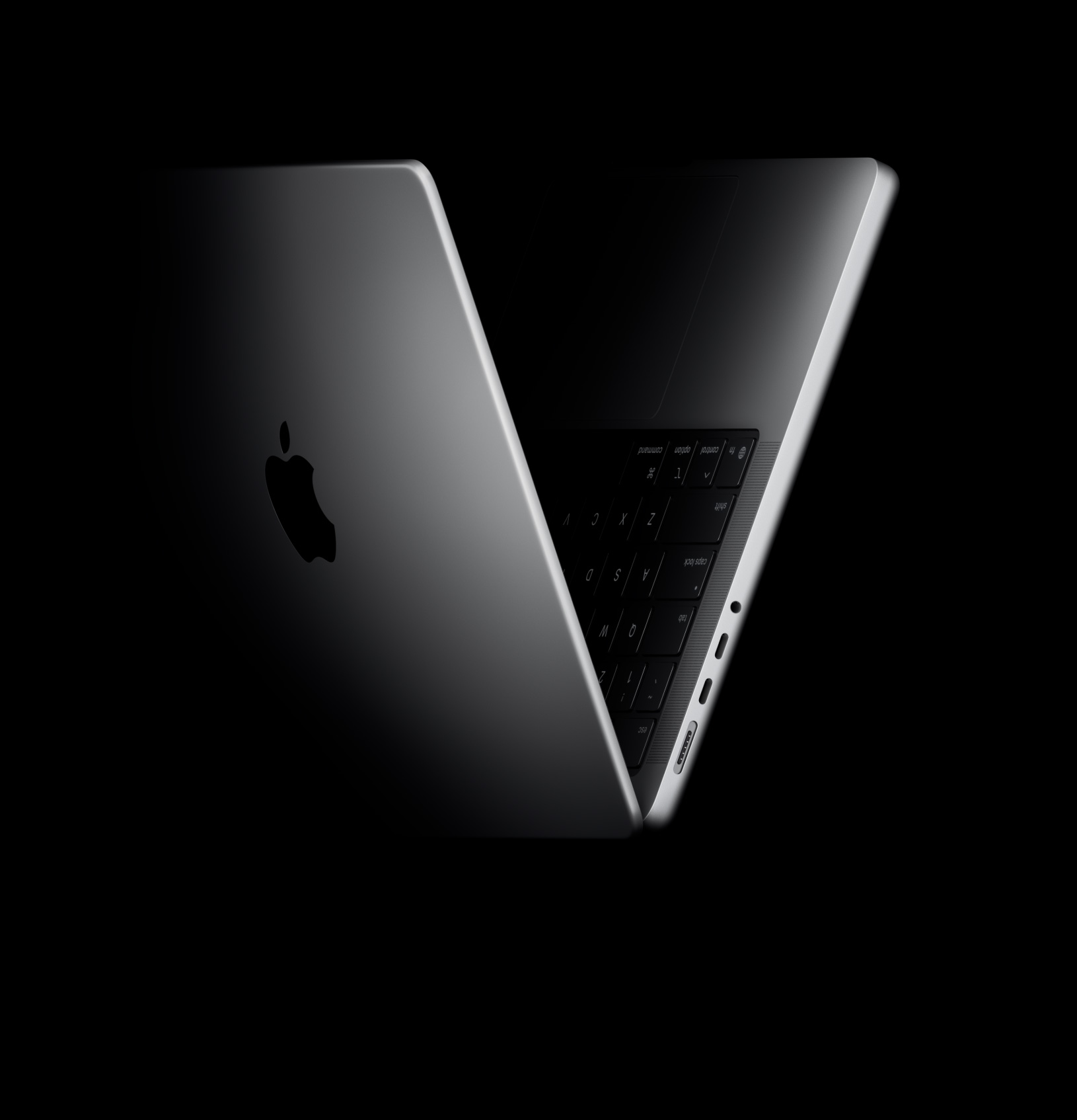 MacBook Pro in de vorm van een V, verwijzend naar de M5-chip