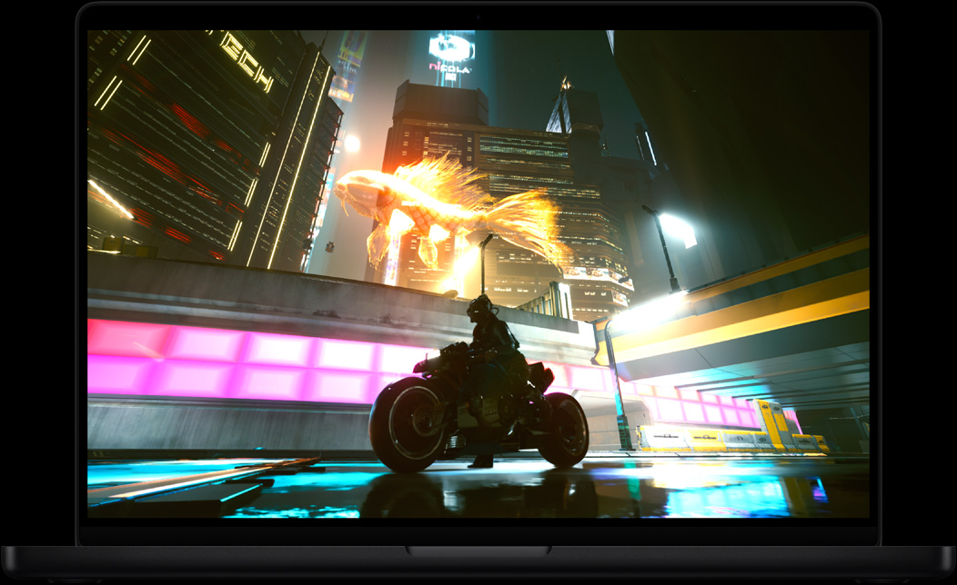 Pantalla de una MacBook Pro con el videojuego Cyberpunk 2077: Ultimate